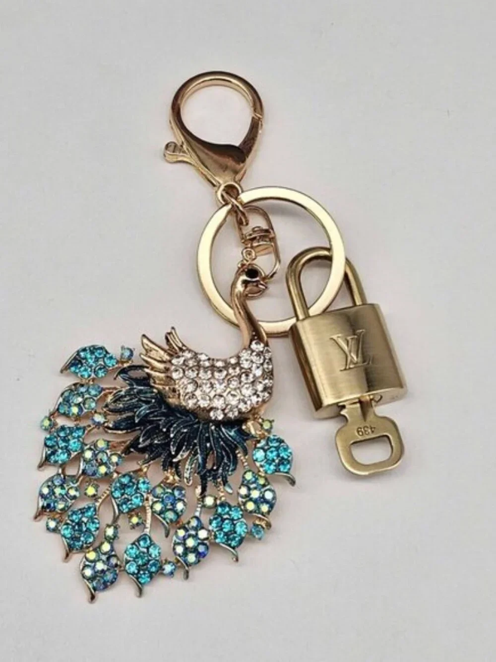 LV Gold Padlock Authentic 🔑 Luxury Bag Charm w/ Unbranded Peacock Keychain